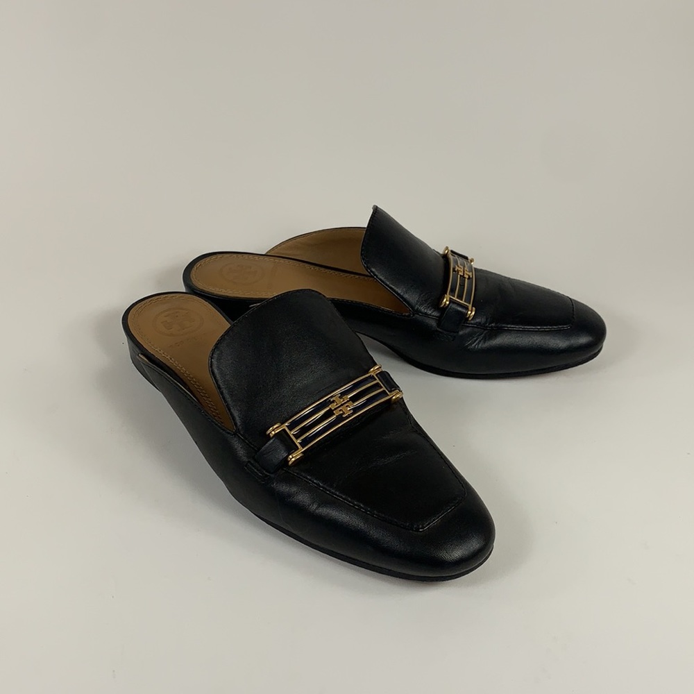 Tory Burch Black Amelia Backless Loafer Mules Slides, Leather, Size: 6 M